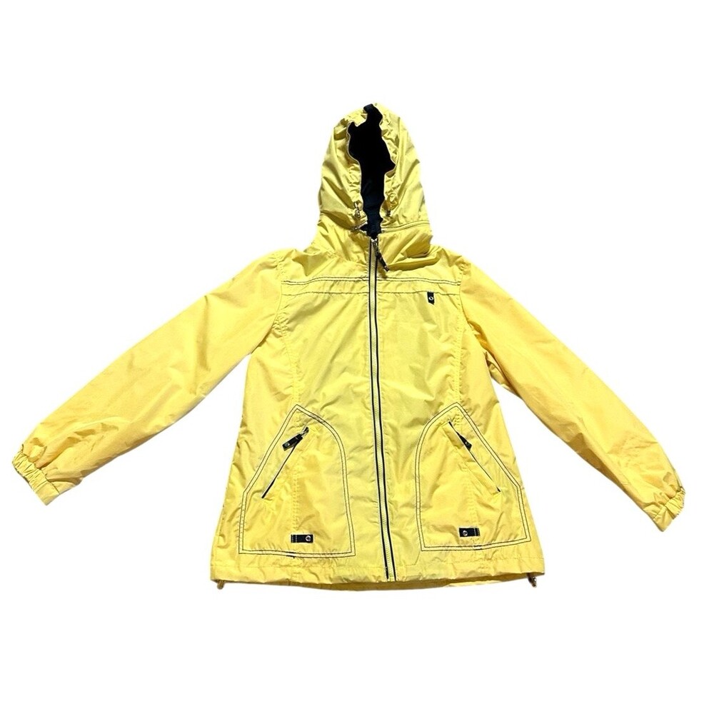 Totes Rain coat M Banana Yellow bright zip off hood rainbow dopamine festival